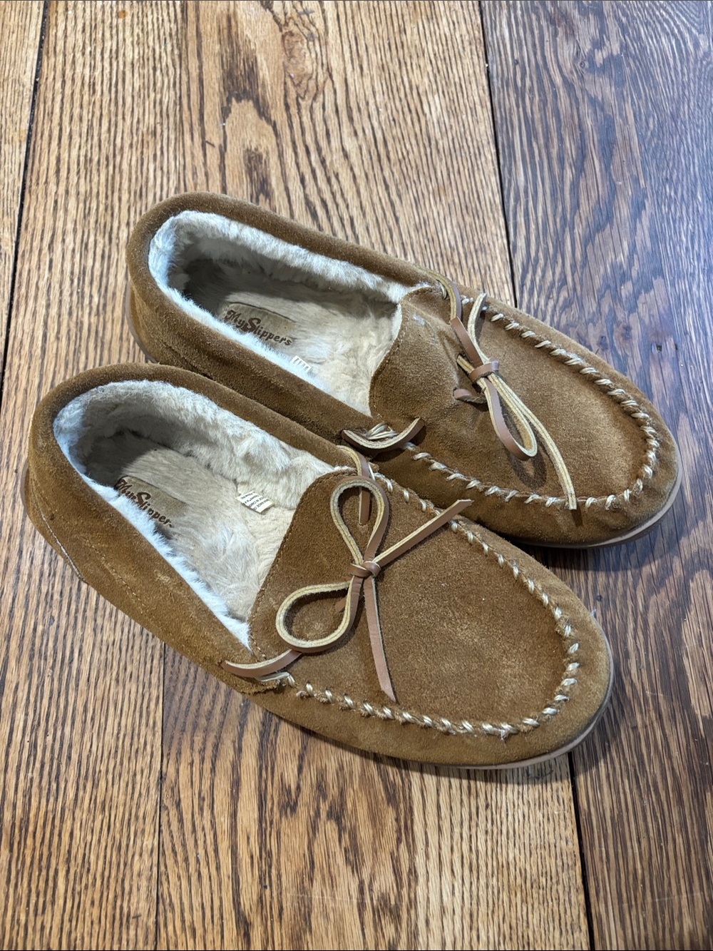 My Slippers Cozy Faux-Fur Lined Suede Moccasin Slippers — Tan